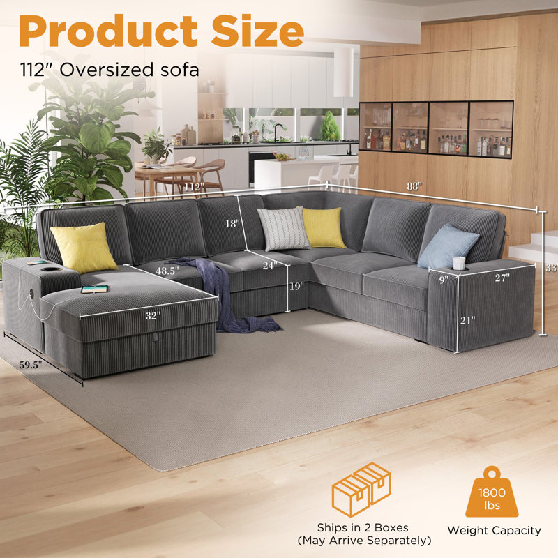 Latitude Run® Glendora 112'' Sectional Sofa with USB Charging